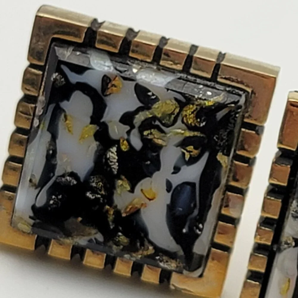 Mid Century Gold Tone Multicolor Square Cufflinks 22mm Murano Glass Style Art